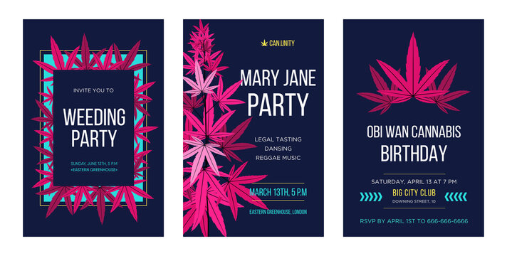 Bright cannabis party invitation designs with natural ganja. Stylish birthday or wedding holiday invitations with text. Celebration and legal drug concept. Template for leaflet, banner or flyer