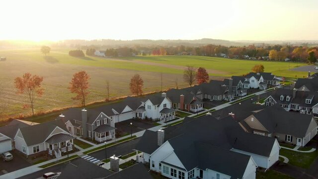 New Homes In Age 55 Plus Senior Living Community. Aerial Reveals Traditional Modern American Homes In Residential Development.