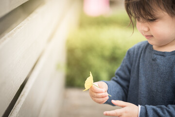 A toddler holds a yellow flower on her hand and looks at it near the wooden fence of the garden of a house in Edinburgh, Scotland, United Kingdom