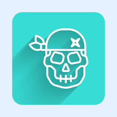 White line Skull icon isolated with long shadow. Happy Halloween party. Green square button. Vector.