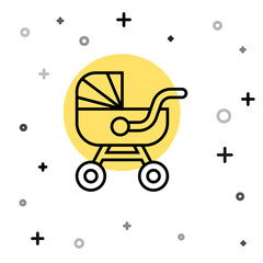 Black line Baby stroller icon isolated on white background. Baby carriage, buggy, pram, stroller, wheel. Random dynamic shapes. Vector.
