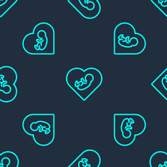 Green line Baby inside heart icon isolated seamless pattern on blue background. Vector.