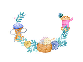 Watercolor wreath frame with sewing tools, with needlework. Bobbin with a satin ribbon, a basket with balls of knitting threads, a bobbin with a pin cushion. Design for needlewomen, knitters