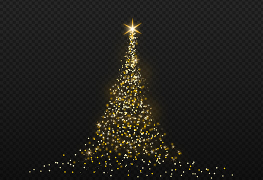 Christmas tree gold bokeh glitter particles isolate on png or transparent  background with sparkling  snow, star light  fo , New Year, Birthdays, Special event, luxury card,  rich style.