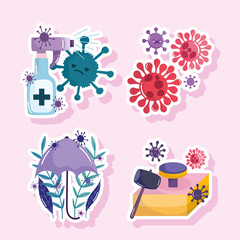 covid 19 virus cartoons alcohol spray umbrella and hammer vector design