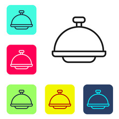 Black line Covered with a tray of food icon isolated on white background. Tray and lid sign. Restaurant cloche with lid. Set icons in color square buttons. Vector.