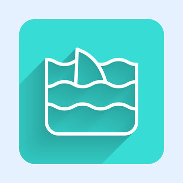 White line Shark fin in ocean wave icon isolated with long shadow. Green square button. Vector.