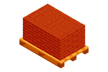 Isometric wooden pallet with bricks. Bricks on pallet isolated on white background. Colorful stack of new red bricks vector icons. Construction material. Vector illustration. 3D. Flat style.