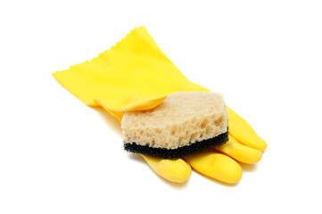 Rubber glove and sponge for cleaning on white background