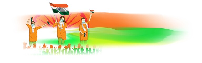 Vector Indian Patriotic concept banner with abstract tricolor background, freedom hands, people with mask holding India flag, illustration poster.