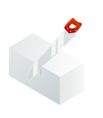 Sawing autoclaved aerated concrete block hand saw isolated on white background. AAC block and hacksaw with a red handle. Construction of buildings. Material for home repair. Isometric vector icon. 3D