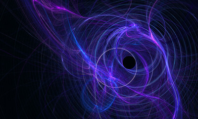 Black hole in far deep and dark space. Purple, violet and blue hues in exploding energy. Circles and flashes on black.