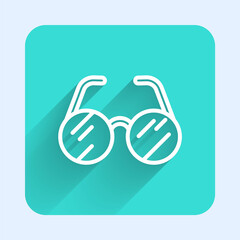 White line Eyeglasses icon isolated with long shadow. Green square button. Vector.