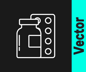 White line Pills in blister pack icon isolated on black background. Medical drug package for tablet, vitamin, antibiotic, aspirin. Vector.
