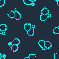 Green line Stethoscope medical instrument icon isolated seamless pattern on blue background. Vector.
