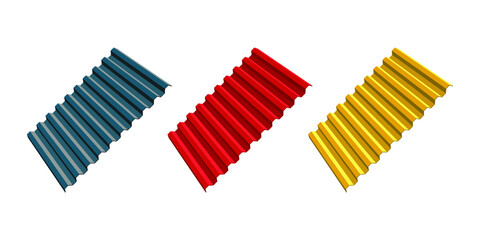 Red, yellow and gray corrugated roofing sheets isolated on white background. Galvanized iron sheets vector icon. Colored wavy slate. Metal roof, metal siding, profiled sheeting for covering or fencing