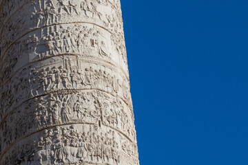 Details on the Roman triumphal column that commemorates Roman emperor Trajan victory in the Dacian...
