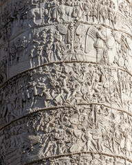 Close-up of the Trajan Column, Roman triumphal monument built by Emperor Trajan to celebrate the victory in Dacia Wars.