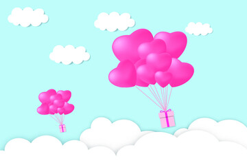 Valentines hearts with gift box. Paper flying elements on pink background postcard. Vector symbols of love in shape of heart for Happy Women's, Mother's, Valentine's Day, birthday greeting card design