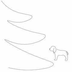 Christmas background with tree and cute puppy, vector illustration