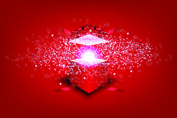 New year 2021 christmas red gift box. Open gift and light fireworks vector on red  background, box with bright rays of light.