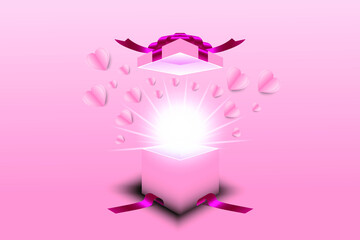 Valentines hearts with gift box. Paper flying elements on pink background postcard. Vector symbols of love in shape of heart for Happy Women's, Mother's, Valentine's Day, birthday greeting card design