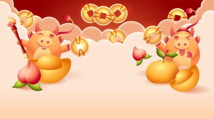 Cute ox of coming year with ingots, money, oranges, calligraphy brush and peach. Oriental banner with milky clouds. Chinese New 2021 Year bull, web template with copy space. Vector stock illustration.