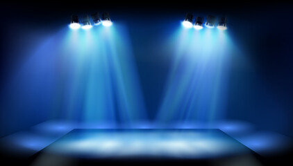 Stage podium illuminated by theatrical spotlight during the show. Blue background. Place for the exhibition. Vector illustration.