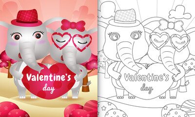 coloring book for kids with Cute valentine's day elephant couple illustrated