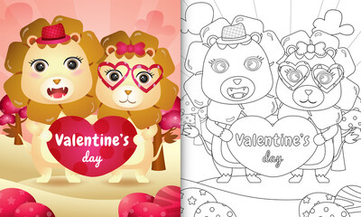 coloring book for kids with Cute valentine's day lion couple illustrated