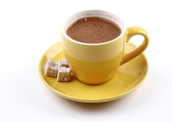 Turkish Coffee in Yellow Cup served with Turkish Delight Lokum 