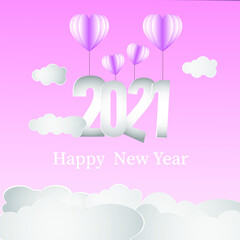 2021 New Year design card pink heart balloons flying on pink background . Vector paper art illustration. Paper cut style