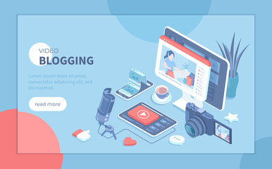 Video blogging. Making video content for blog or vlog in social networks. Video streaming in social media. Isometric vector illustration for poster, presentation, banner, website.