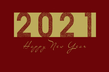 New year celebration card with dark red 2021 with a glow in gold frame on dark red background.
