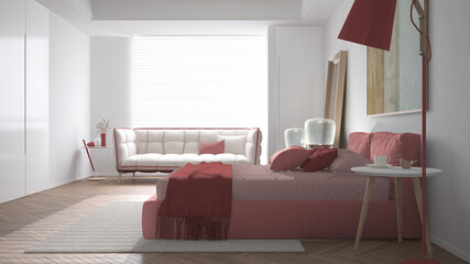 Modern bright minimalist bedroom in red tones, double bed with pillows, duvet and blanket, parquet, big window and sofa, bedside table, lamp, carpet and decors, interior design idea