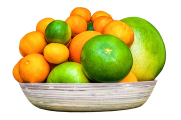 Isolated plate full of citruses fruits. Set of oranges, tangerines, limes, pummelo, grapefruits on white background.