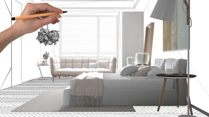 Empty white interior with with parquet, white walls, hand drawing custom architecture design, black...