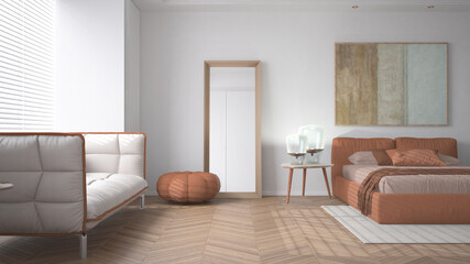 Modern bright minimalist bedroom in orange tones, double bed with pillows, duvet and blanket, parquet, window and sofa, table with lamps, mirror, pouf and carpet, interior design