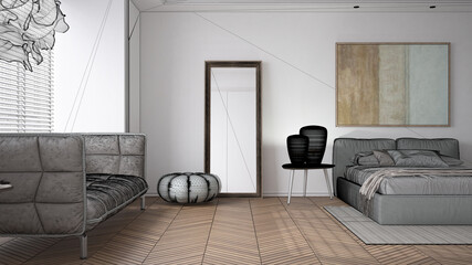 Blueprint sketch draft, design concept, architect designer project, bedroom, bed with pillows, duvet and blanket, parquet, window and sofa, mirror with pouf, carpet, interior idea