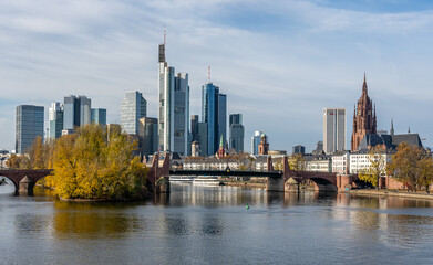 Frankfurt, Germany, November 2020: view on Frankfurt am Main, Germany Financial District and skyline, picture taken on bridge at main river