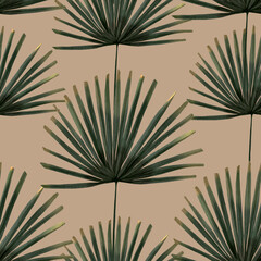 seamless pattern with green tropical leaves on brown background. watercolor illustration, hand painted close up in boho style © Lana