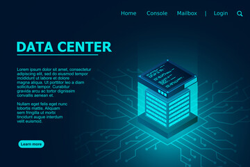 Datacenter isometric vector illustration. Data center room background. Computer storage or farming workstation. Vector illustration