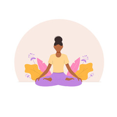 Black woman meditating in nature and leaves. Diversity yoga class. Concept illustration for yoga, meditation, relax, balanced, healthy lifestyle. Vector illustration in flat cartoon style.