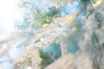 Christmas fairy tale. Light frosty background. tree