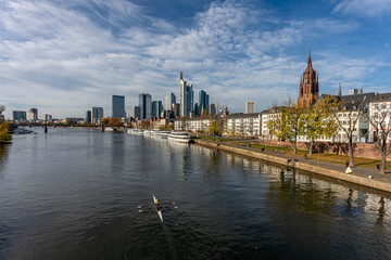 Fototapeta na wymiar Frankfurt, Germany, November 2020: view on Frankfurt am Main, Germany Financial District and skyline, picture taken on bridge at main river