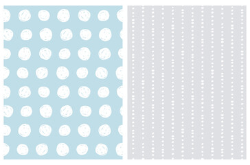Seamless Hand Drawn Vector Patterns Set. White Irregular Dots and Spots Isolated on a Pastel Blue and Light Gray Background. Cute Abstract Doodle Print. Scribles and Daubs Made with Brushes.