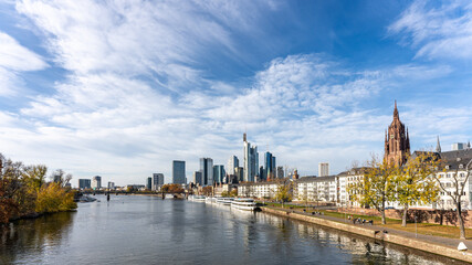 Fototapeta na wymiar Frankfurt, Germany, November 2020: view on Frankfurt am Main, Germany Financial District and skyline, picture taken on bridge at main river