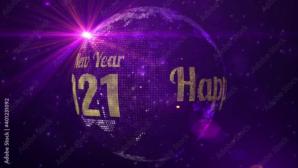 Poster red purple shine happy new year 2021 greeting on square dotted globe earth world map rotating with s