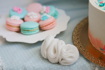 pink and turquoise macaroons and delicate jewelry made of chiffon.