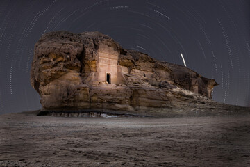 Al Ula Tombs - Madain Saleh Startrails - Saudi Arabia - Stunning Night Landscape. 